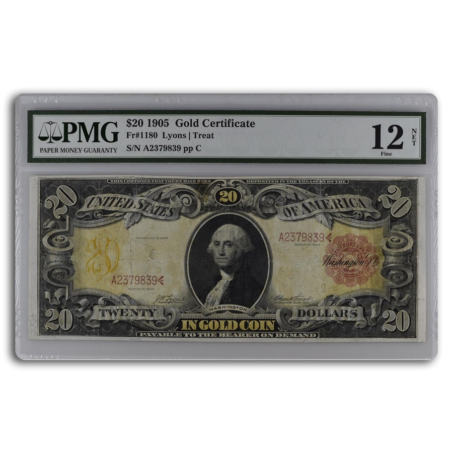 1905 $20 Gold Certificate Technicolor Note F-12 PMG (Fr#1180) Net