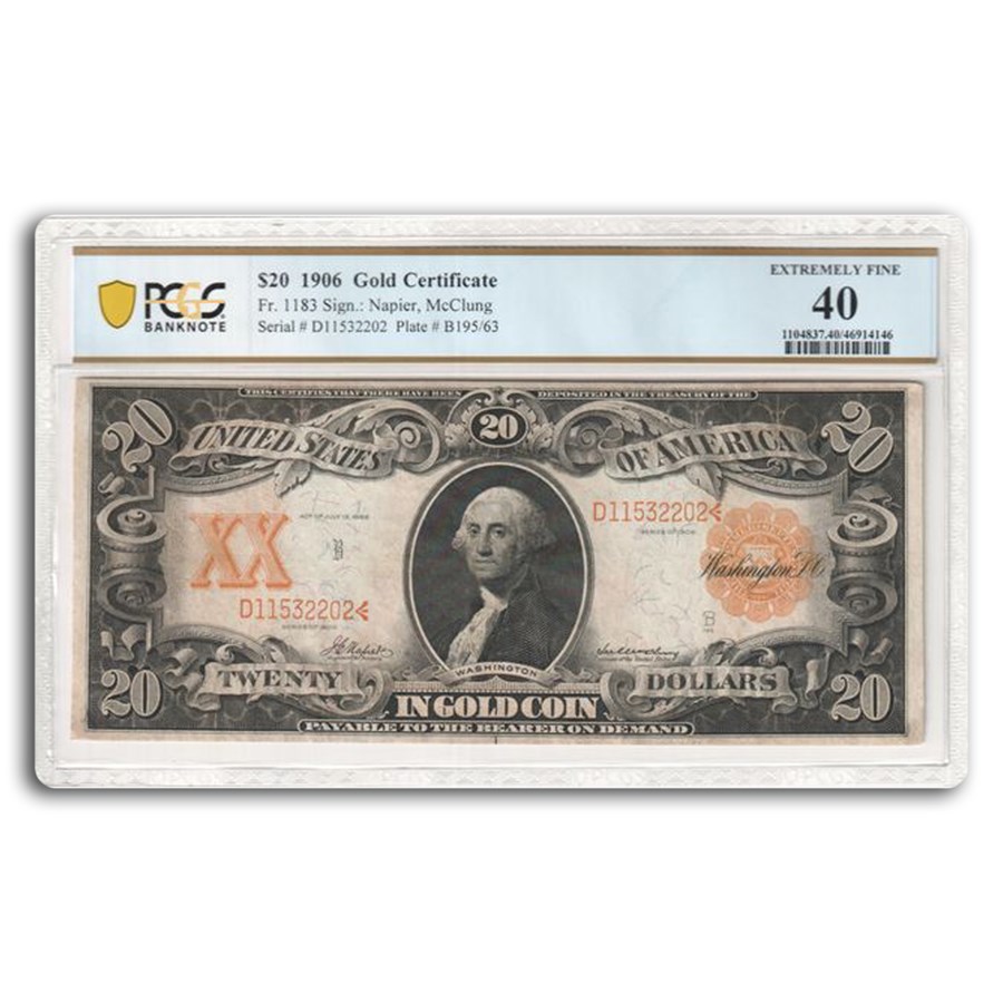 1906 $20 Gold Certificate Washington Choice XF-40 PCGS (Fr#1183)