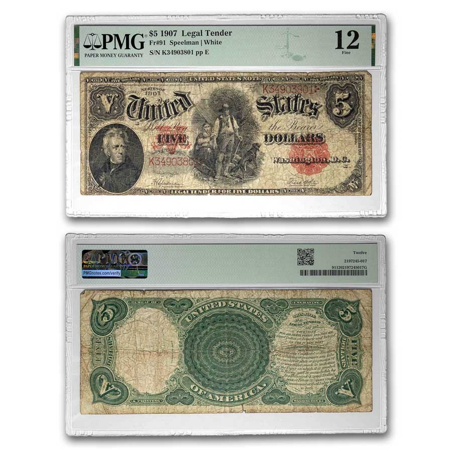 1907 $5.00 Legal Tender Woodchopper F-12 PMG (Fr#91)