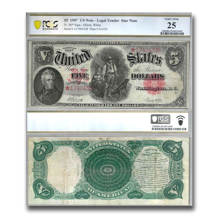 1907 $5.00 Legal Tender Woodchopper VF-25 PCGS (Fr#90*) Star Note