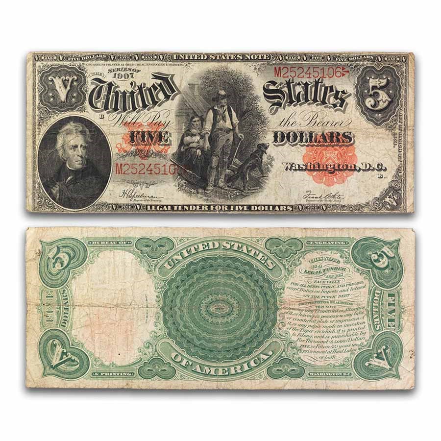 1907 $5 Legal Tender Woodchopper Fine (Fr#91) PCBLIC