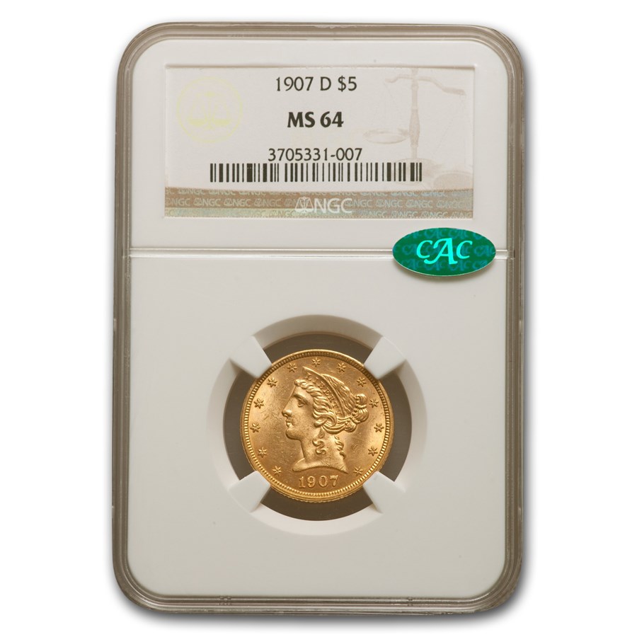 Buy 1907-D $5 Liberty Gold Half Eagle MS-64 NGC CAC | APMEX