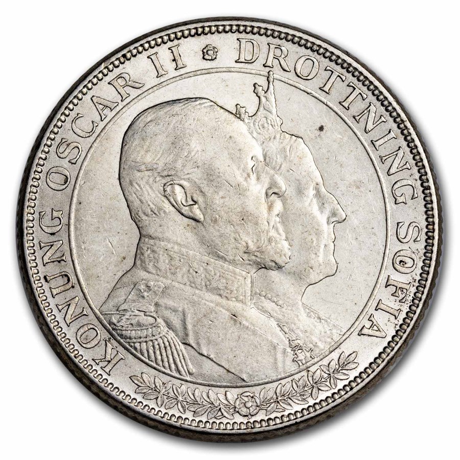 1907-EB Sweden Silver 2 Kronor Oscar II BU Golden Wedding Jubilee