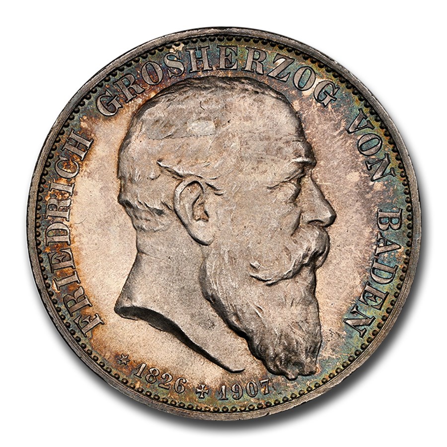 1907 Germany Silver 5 Mark Friedrich I MS-66 NGC (Baden)