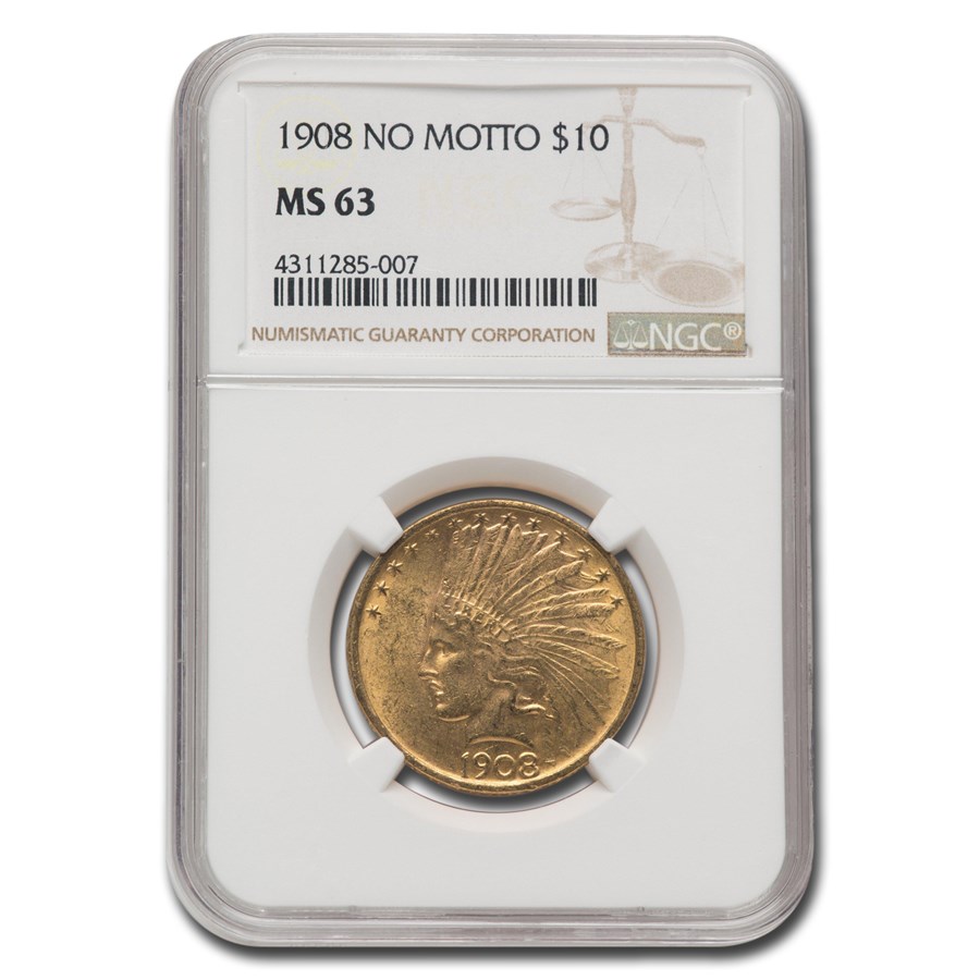 1908 $10 Indian Gold Eagle No Motto MS-63 NGC