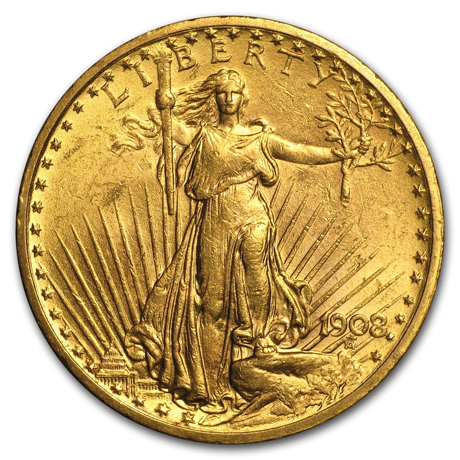 1908 $20 St Gaudens Gold Double Eagle No Motto AU