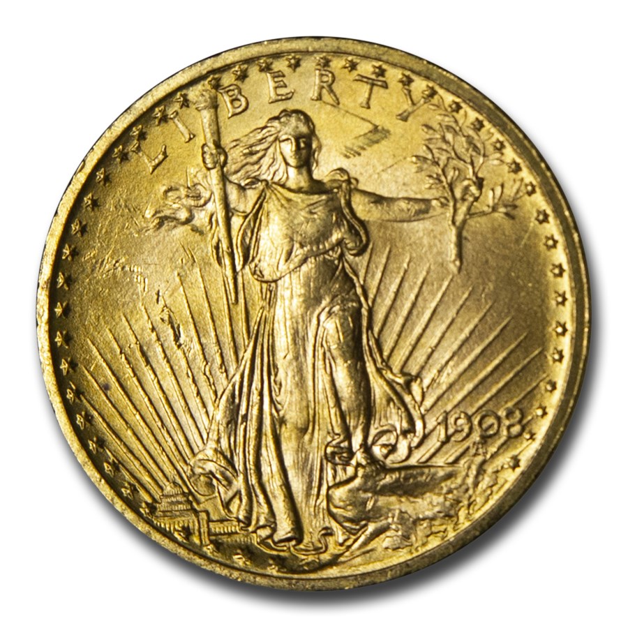 1908 $20 St Gaudens Gold Double Eagle No Motto BU