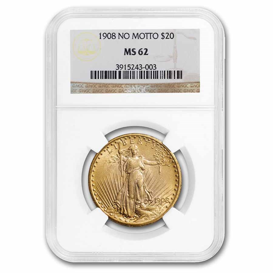 1908 $20 St Gaudens Gold Double Eagle No Motto MS-62 NGC