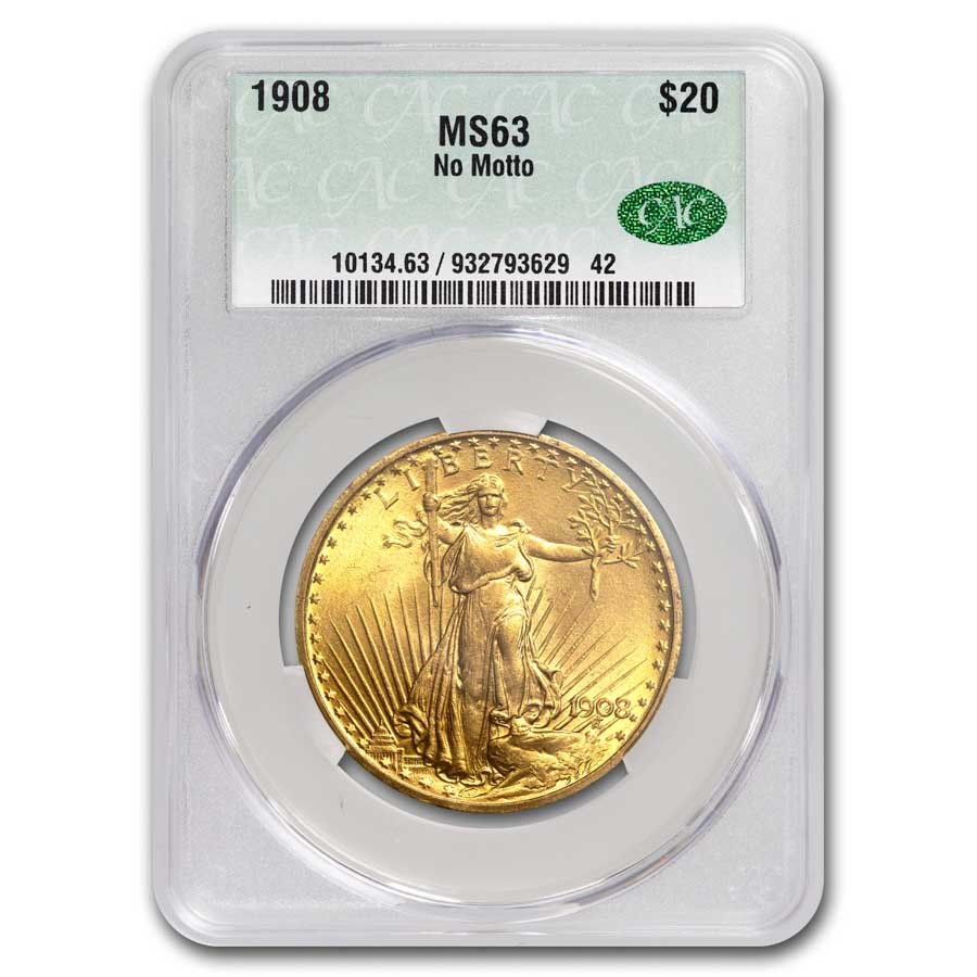 1908 $20 St Gaudens Gold Double Eagle No Motto MS-63 CACG