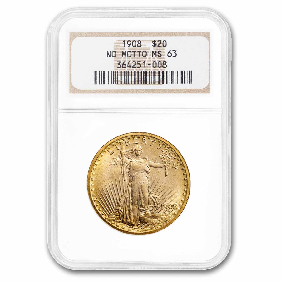 1908 $20 St Gaudens Gold Double Eagle No Motto MS-63 NGC