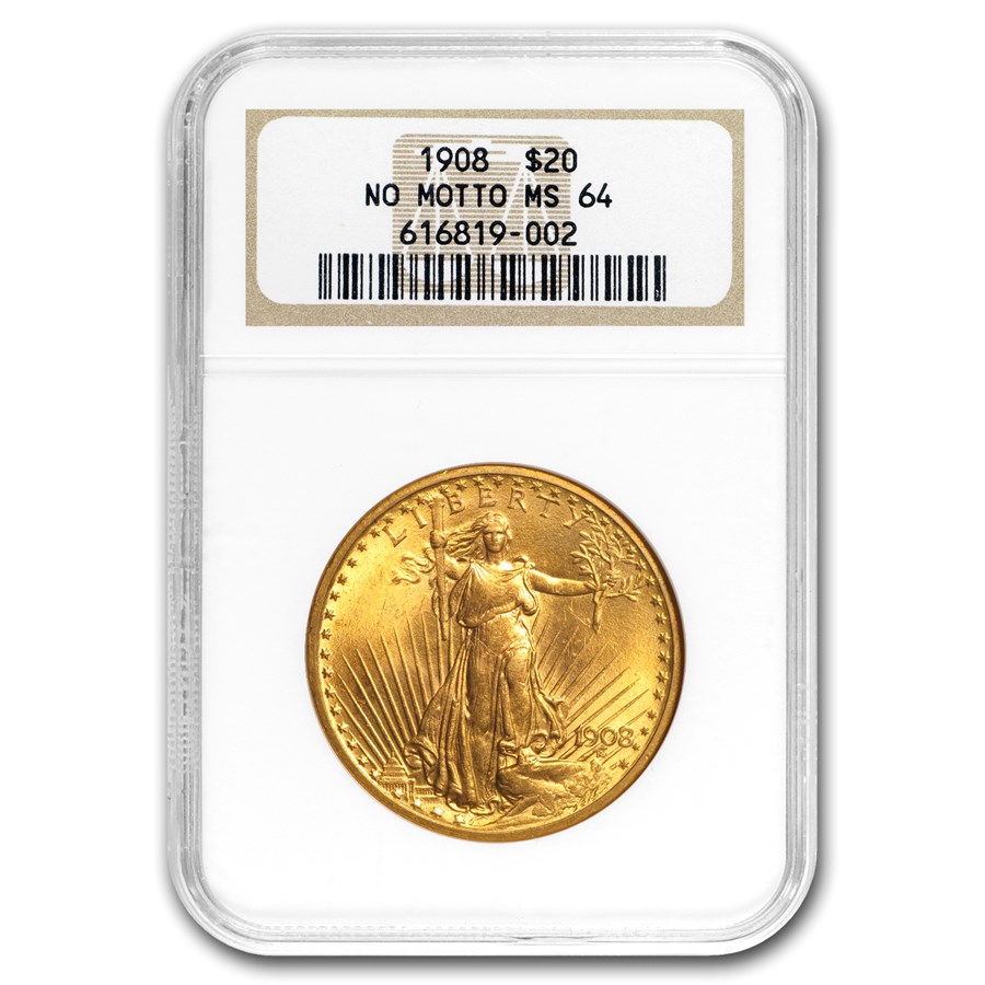 1908 $20 St Gaudens Gold Double Eagle No Motto MS-64 NGC