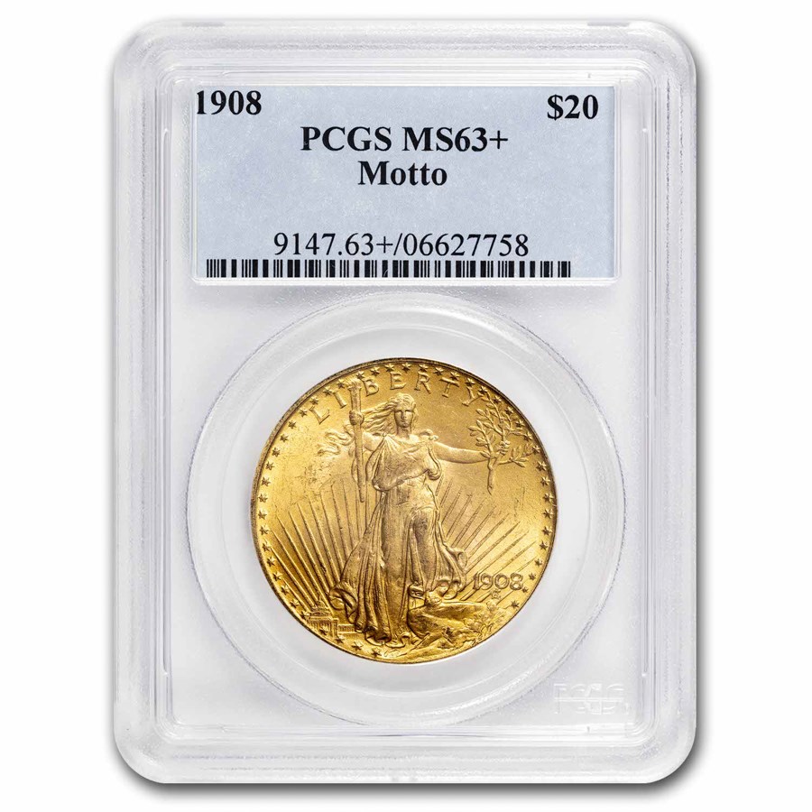 1908 $20 St Gaudens Gold Double Eagle w/Motto MS-63+ PCGS