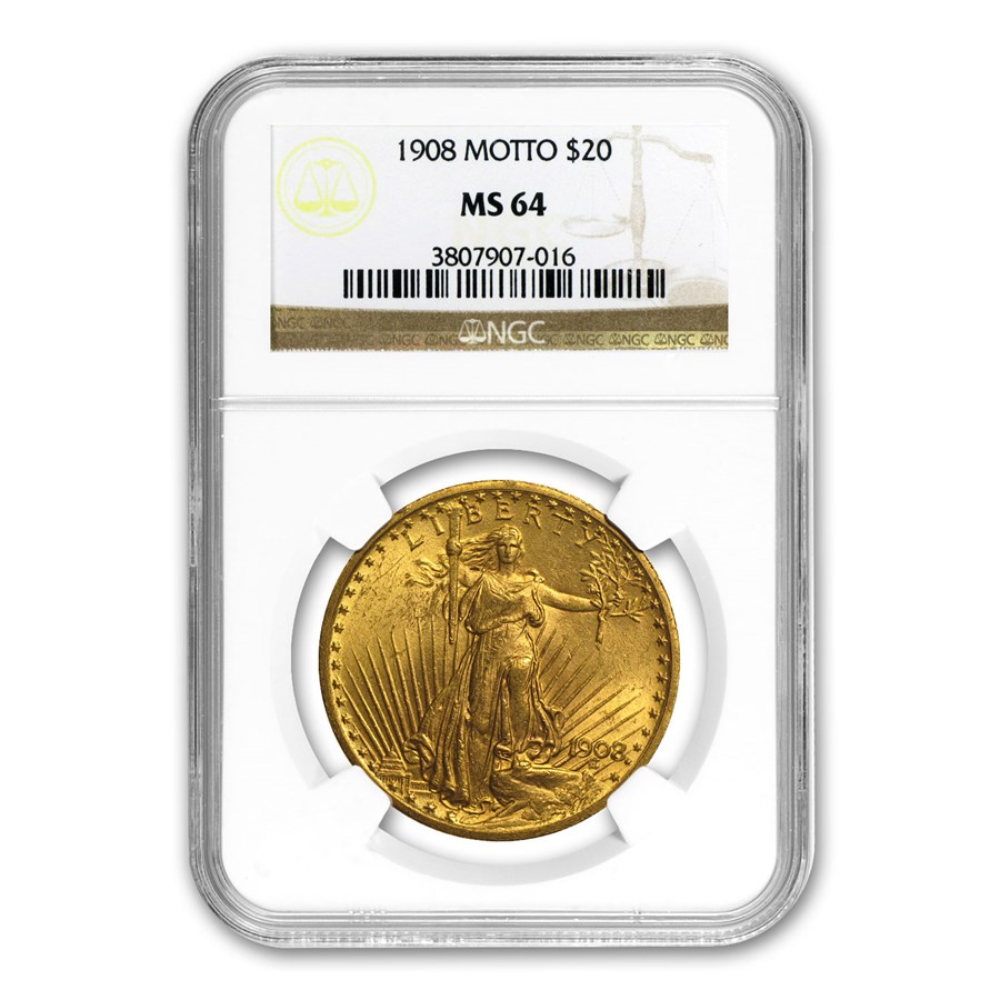 1908 $20 St Gaudens Gold Double Eagle w/Motto MS-64 NGC