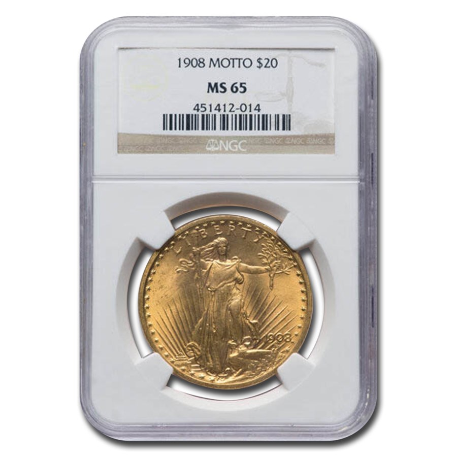 1908 $20 St Gaudens Gold Double Eagle w/Motto MS-65 NGC