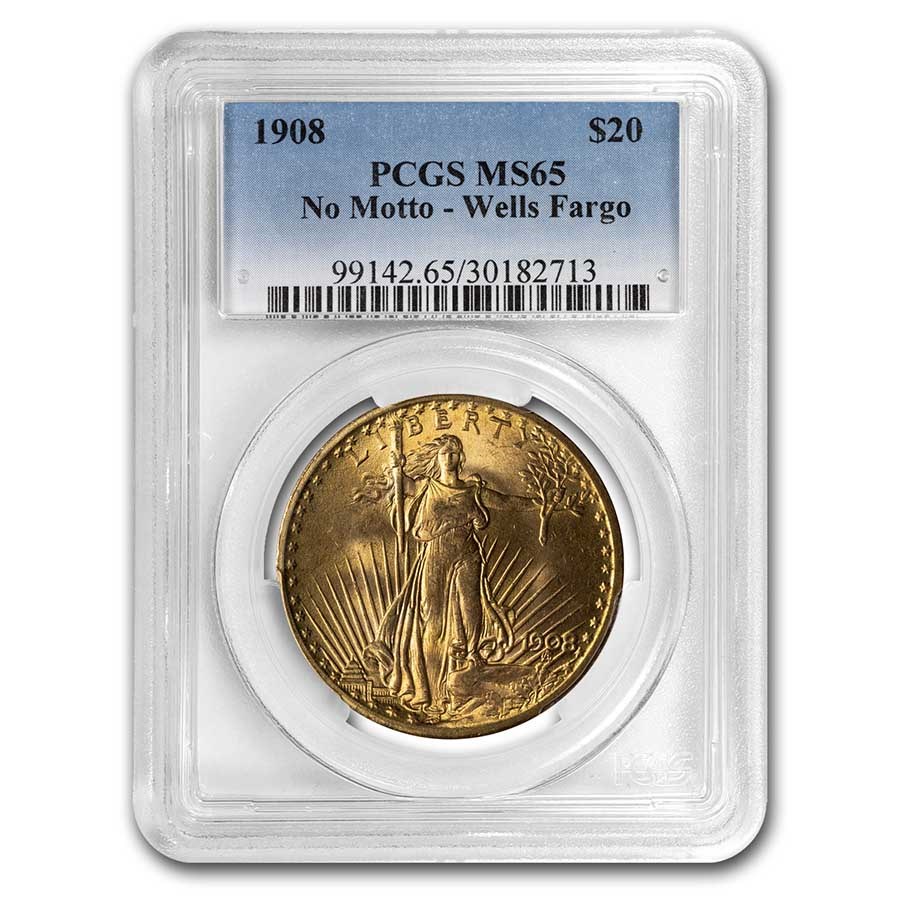 1908 $20 St Gaudens Gold No Motto MS-65 PCGS (Wells Fargo)