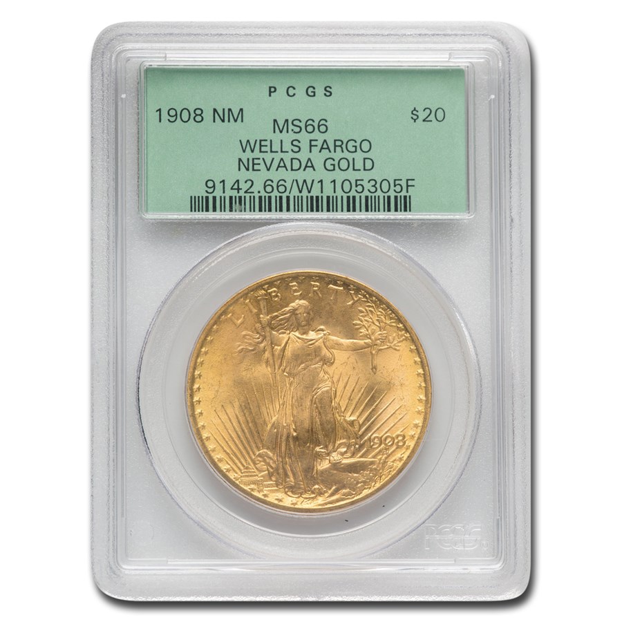 1908 $20 St Gaudens Gold No Motto MS-66 PCGS (Wells Fargo OGH)