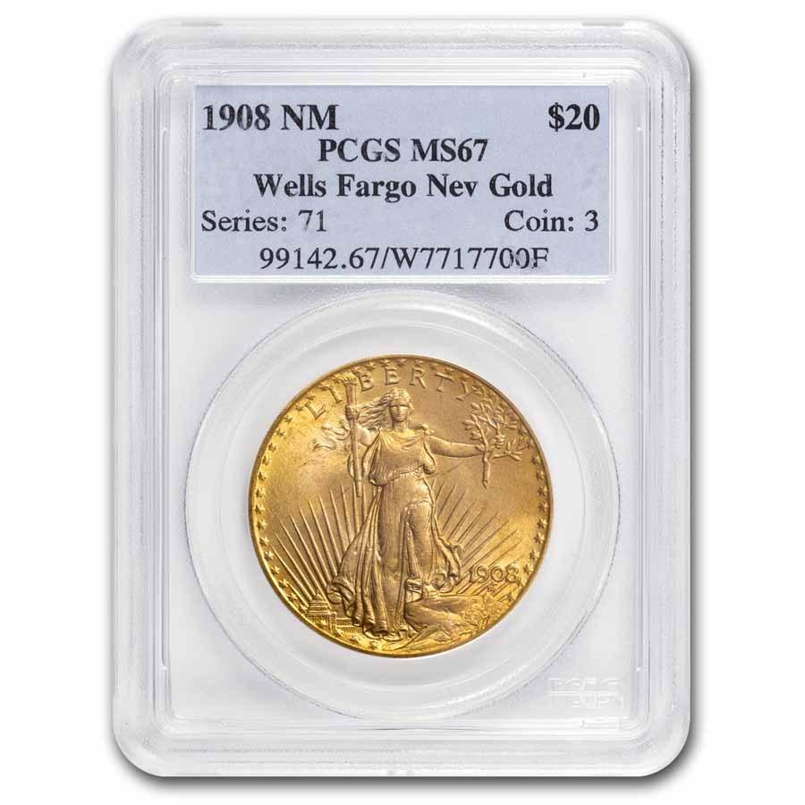 1908 $20 St Gaudens Gold No Motto MS-67 PCGS (Wells Fargo)