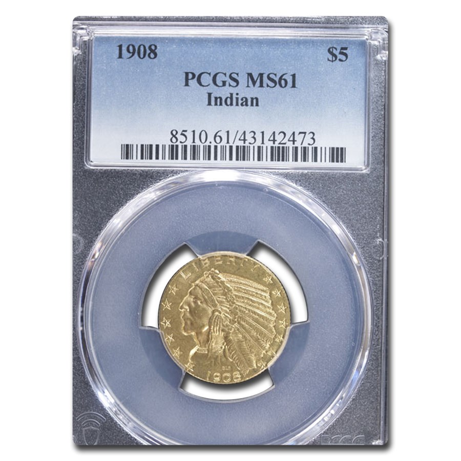 1908 $5 Indian Gold Half Eagle MS-61 PCGS