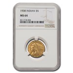 1908 $5 Indian Gold Half Eagle MS-64 NGC