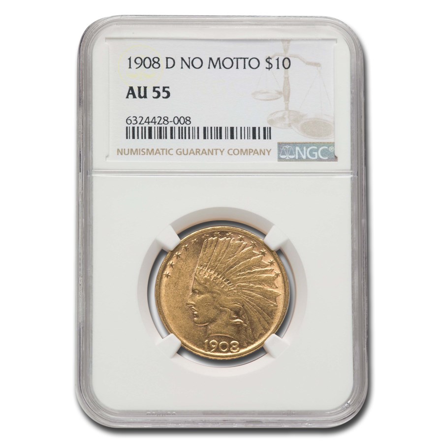 1908-D $10 Indian Gold Eagle No Motto AU-55 NGC