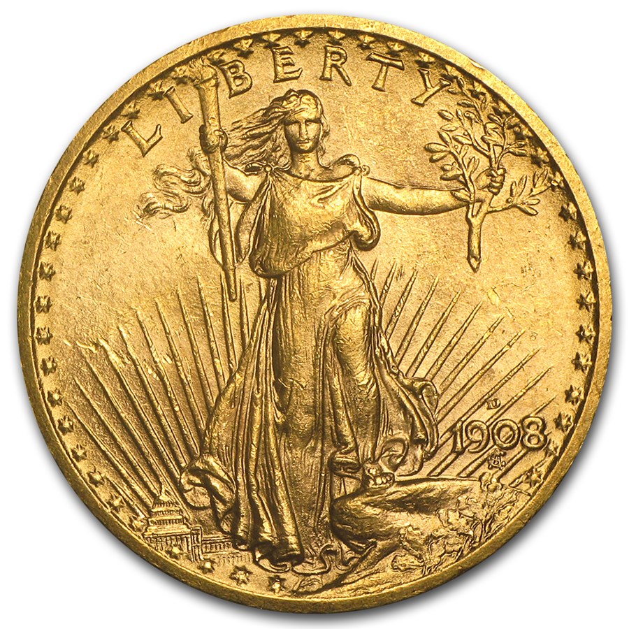 1908-D $20 St Gaudens Gold Double Eagle No Motto AU