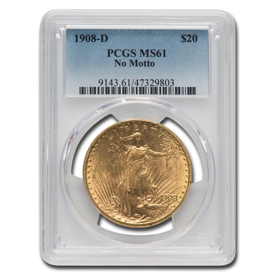 1908-D $20 St Gaudens Gold Double Eagle No Motto MS-61 PCGS