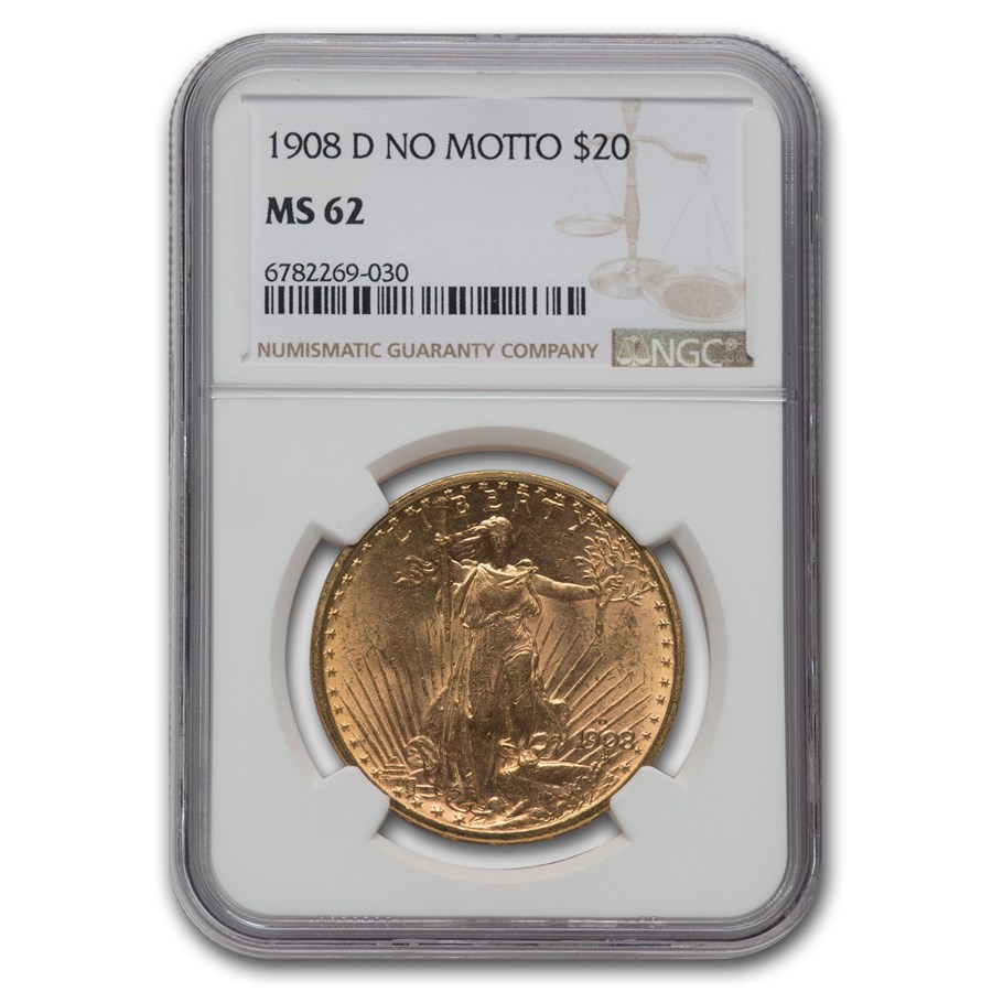 1908-D $20 St Gaudens Gold Double Eagle No Motto MS-62 NGC