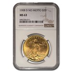 1908-D $20 St Gaudens Gold Double Eagle No Motto MS-63 NGC