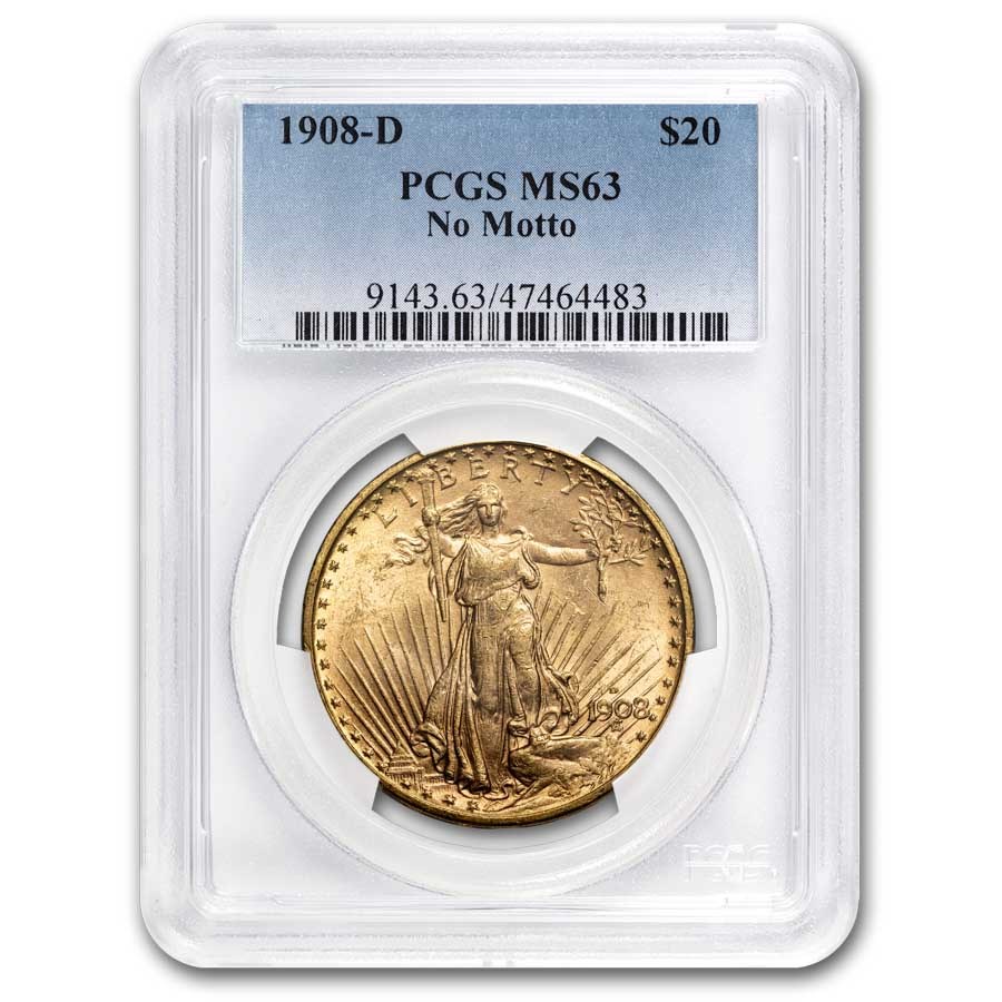 1908-D $20 St Gaudens Gold Double Eagle No Motto MS-63 PCGS