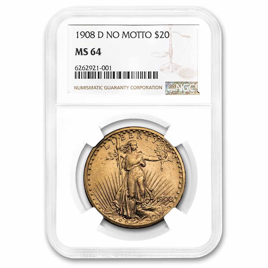 1908-D $20 St Gaudens Gold Double Eagle No Motto MS-64 NGC