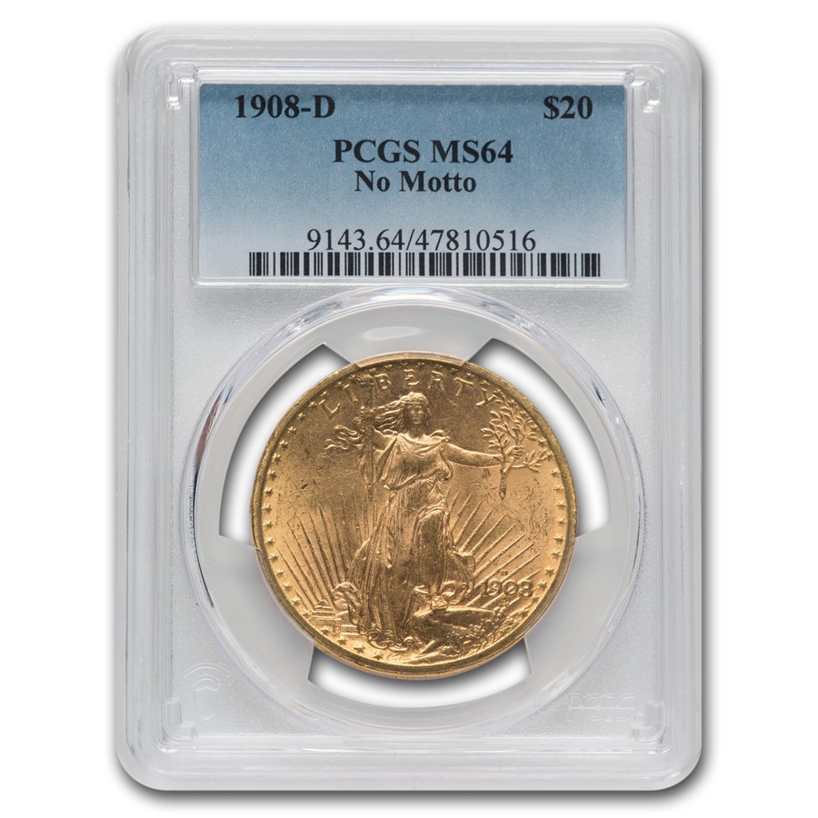 1908-D $20 St Gaudens Gold Double Eagle No Motto MS-64 PCGS