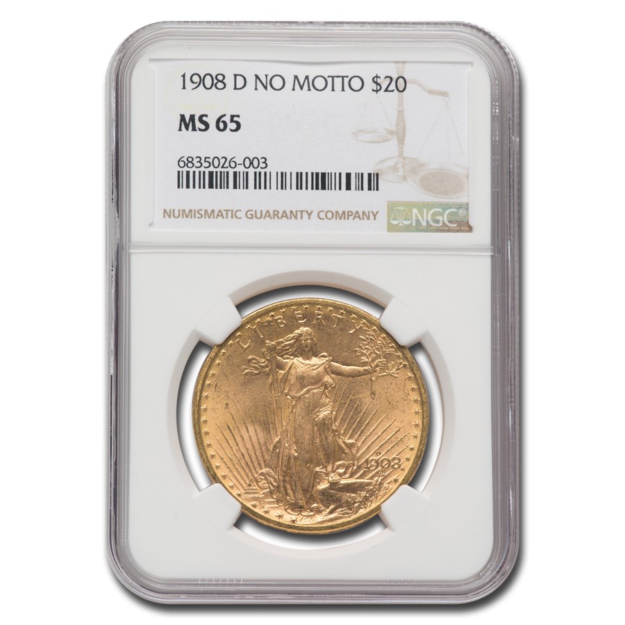 1908-D $20 St Gaudens Gold Double Eagle No Motto MS-65 NGC