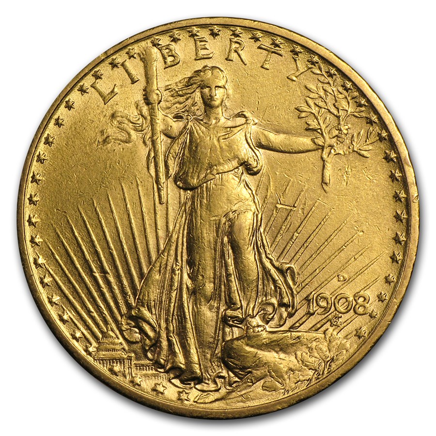 1908-D $20 St Gaudens Gold Double Eagle w/Motto AU