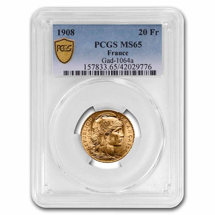 Buy 1908 France Gold 20 Francs Rooster MS-65 PCGS | APMEX