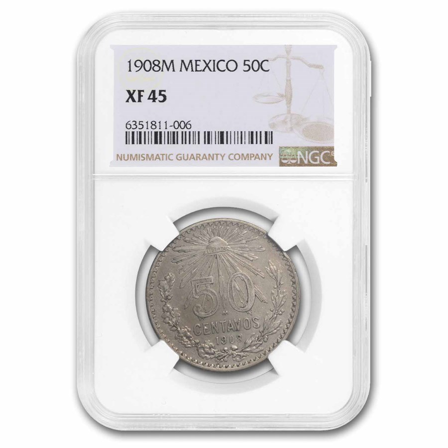 1908-M Mexico Silver 50 Centavos Cap & Rays XF-45 NGC