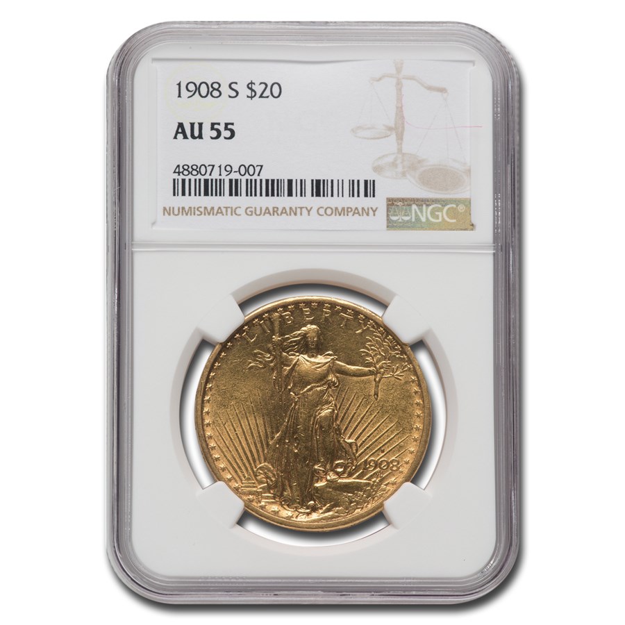1908-S $20 St Gaudens Gold Double Eagle AU-55 NGC