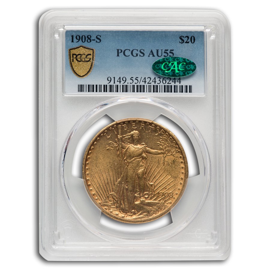 1908-S $20 St Gaudens Gold Double Eagle AU-55 PCGS CAC