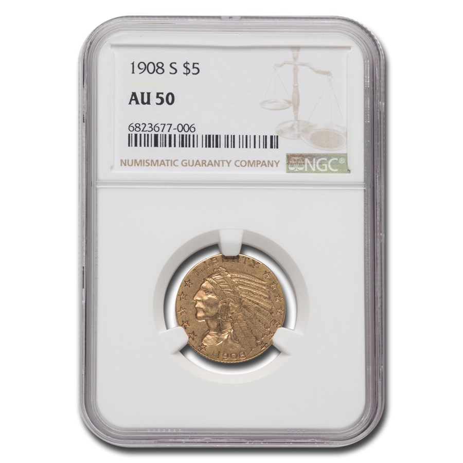 1908-S $5 Indian Gold Half Eagle AU-50 NGC