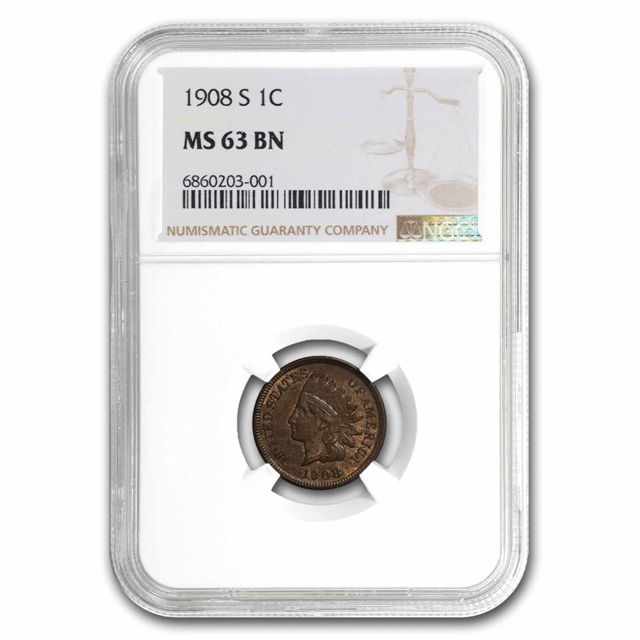 1908-S Indian Head Cent MS-63 NGC (Brown)