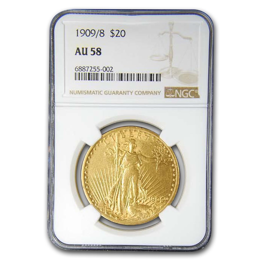 1909/8 $20 St Gaudens Gold Double Eagle AU-58 NGC
