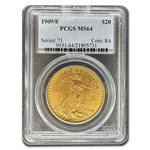 1909/8 $20 St Gaudens Gold Double Eagle MS-64 PCGS