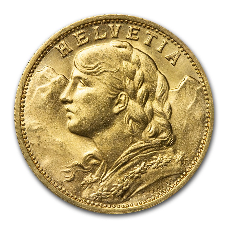1909-B Swiss Gold 20 Francs Helvetia BU