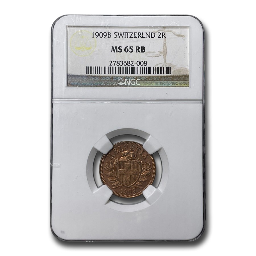 1909-B Switzerland 2 Rappen MS-65 NGC (Red/Brown)