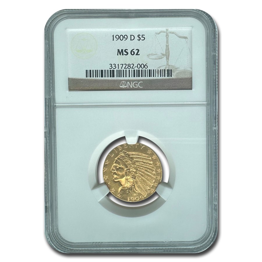 1909-D $5 Indian Gold Half Eagle MS-62 NGC