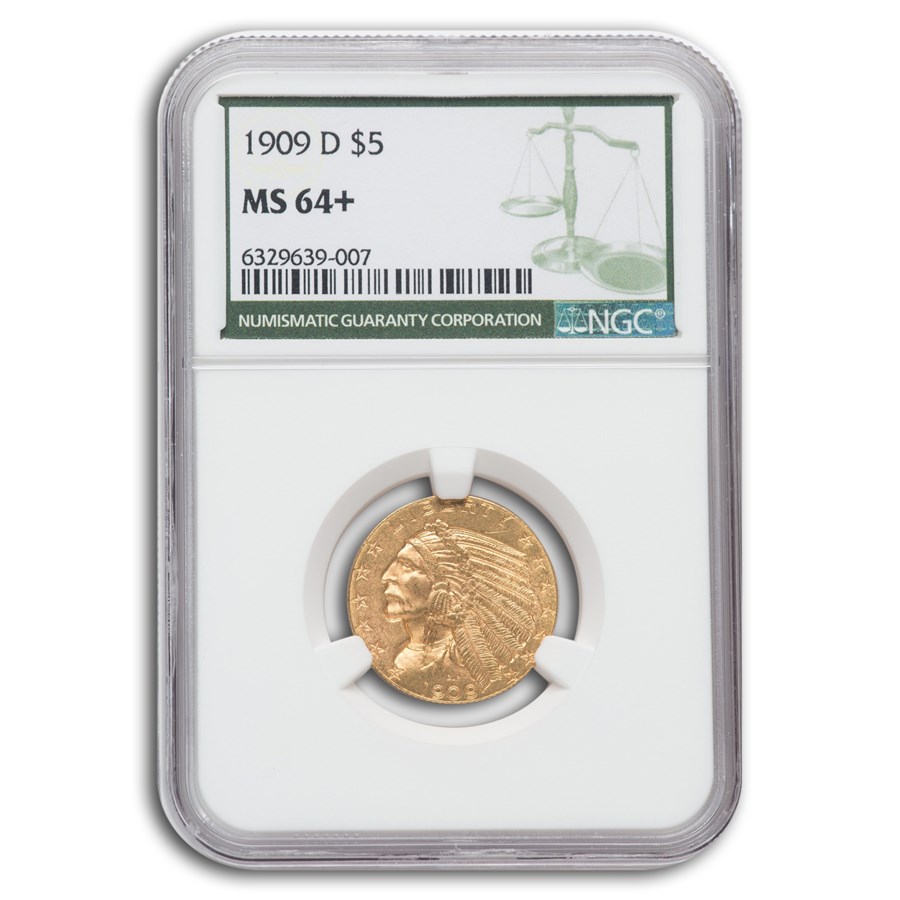 1909-D $5 Indian Gold Half Eagle MS-64+ NGC (Green Label)