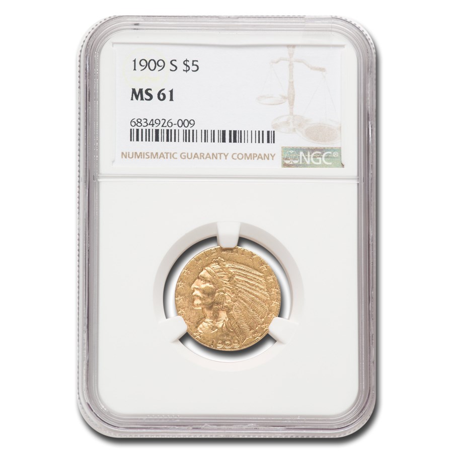 1909-S $5 Indian Gold Half Eagle MS-61 NGC