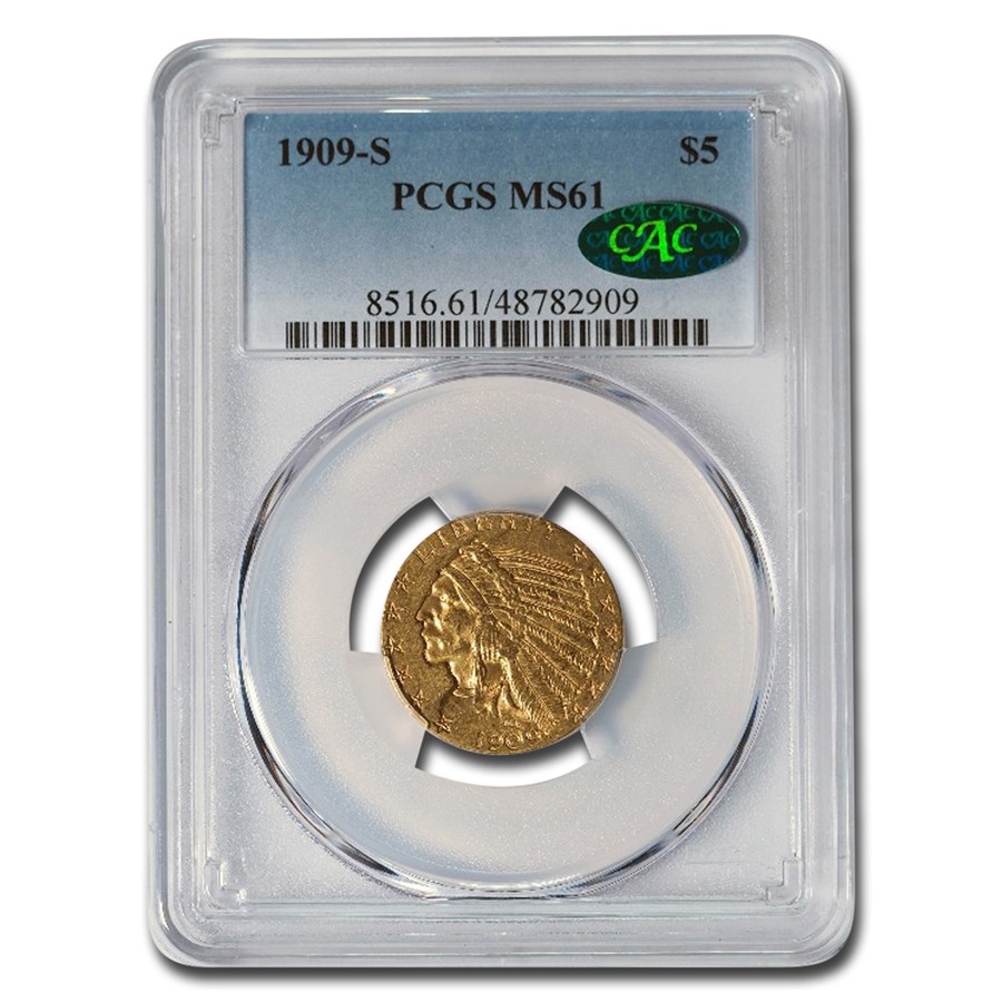 1909-S $5 Indian Gold Half Eagle MS-61 PCGS CAC