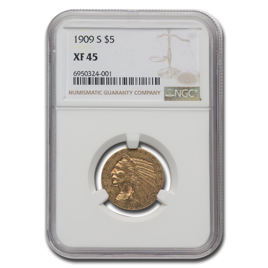 1909-S $5 Indian Gold Half Eagle XF-45 NGC