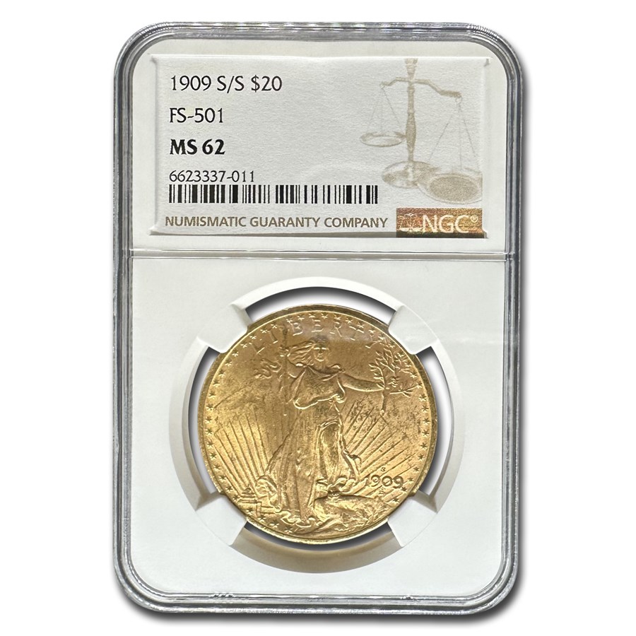 1909-S/S $20 St Gaudens Gold Double Eagle MS-62 NGC (FS-501)