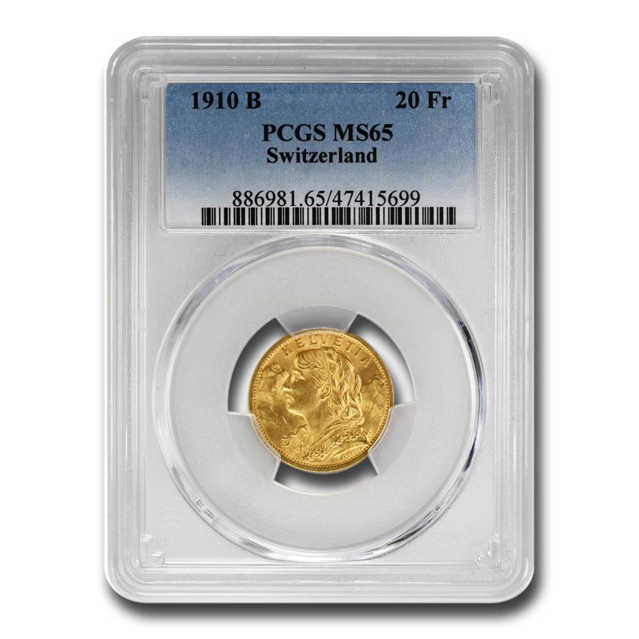 1910-B Swiss Gold 20 Francs Helvetia MS-65 PCGS